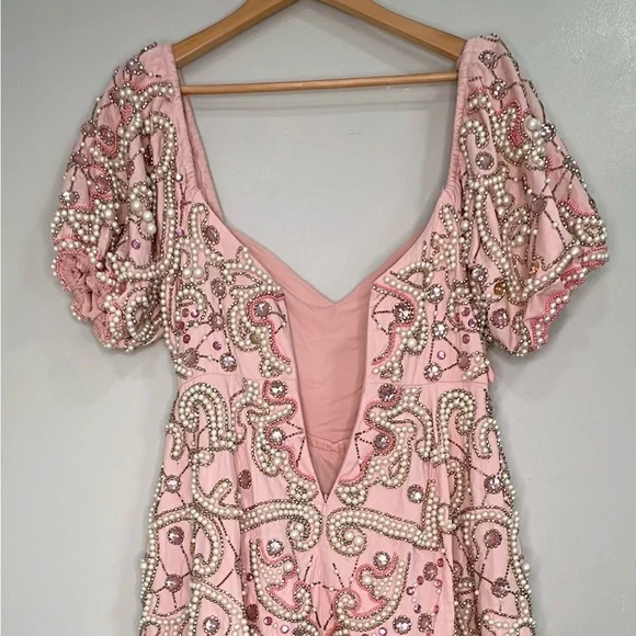 NWT ASOS Luxe pearl embellished puff sleeve caged mini dress in pink Sz 6(US) - Picture 11 of 16